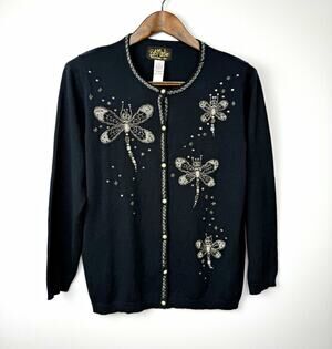 Vintage 90s Bob Mackie Wearable Art Dragonfly Beaded Embroidery Cardigan Black M